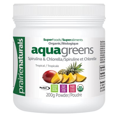 PRAIRIE NATURALS Aqua Greens mélange bio de spiruline et chlorelle – Tropical 200g PRAIRIE NATURALS Aqua Greens mélange bio de spiruline et chlorelle – Tropical 200g