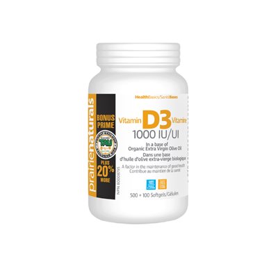 Prairie Naturals Vitamin D3-1000iu Tau Bonus size 500+100