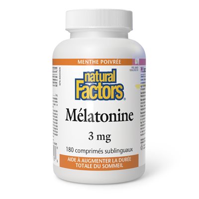 Natural Factors Mélatonine 3 mg 180 comprimés sublinguaux menthe poivrée Natural Factors Mélatonine 3 mg 180 comprimés sublinguaux menthe poivrée
