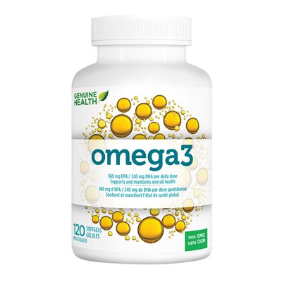 Genuine Health Omega3+, Omega huile de poisson , 360mg EPA, 240mg DHA Genuine Health Omega3+, Omega huile de poisson , 360mg EPA, 240mg DHA