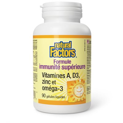 Natural Factors Formule immunité supérieure Vitamines A, D3, zinc et oméga-3 90 gélule liquide Natural Factors Formule immunité supérieure Vitamines A, D3, zinc et oméga-3 90 gélule liquide