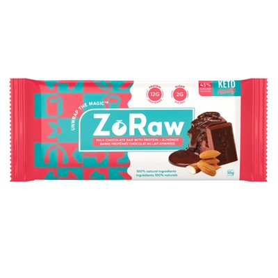 ZoRaw Barre protéine chocolat au lait 45% amandes ZoRaw Barre protéine chocolat au lait 45% amandes