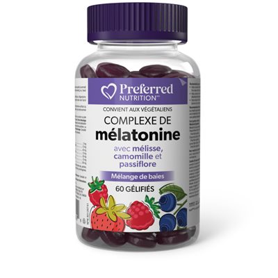 preferred nutrition complexe de mélatonine avec mélisse, camomille et pasiflore 60 gélifiés(mélange de baies) preferred nutrition complexe de mélatonine avec mélisse, camomille et pasiflore 60 gélifiés(mélange de baies)