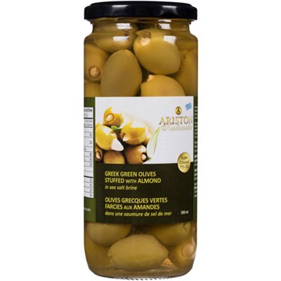 Ariston Olives Grecques Vertes Farcies aux Amandes-Saumure de Sel de Mer 500ml Ariston Olives Grecques Vertes Farcies aux Amandes-Saumure de Sel de Mer 500ml
