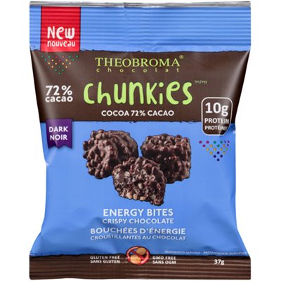 Theobroma Chocolat Chunkies Bouchées d'énergie Croustillantes au Chocolat 72 % Cacao Noir 37 g Theobroma Chocolat Chunkies Bouchées d'énergie Croustillantes au Chocolat 72 % Cacao Noir 37 g
