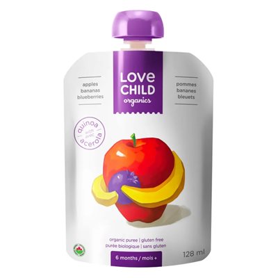 Love Child Organics Purée Biologique Pommes, Bananes, Bleuets 6 Mois+ 128 ml Love Child Organics Purée Biologique Pommes, Bananes, Bleuets 6 Mois+ 128 ml
